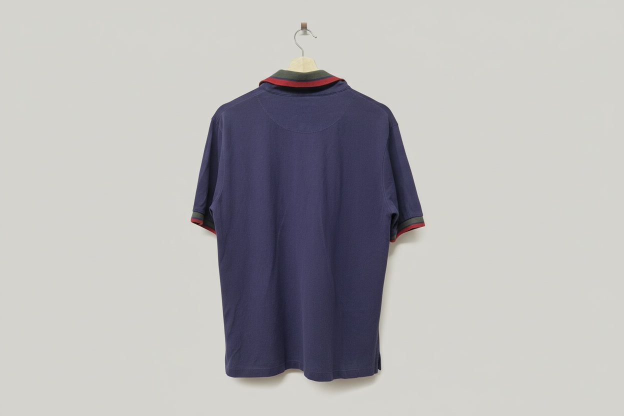 Vivienne Westwood Polo Top (L) Navy-Blue Striped Collared Orb Stitched Cotton-Blend