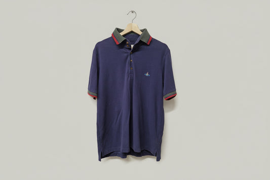 Vivienne Westwood Polo Top (L) Navy-Blue Striped Collared Orb Stitched Cotton-Blend